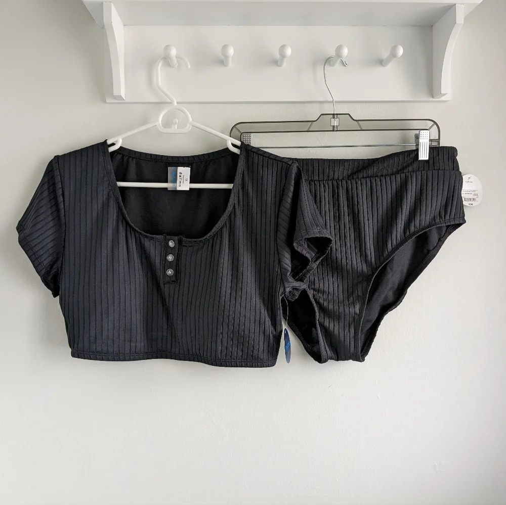 NWT Decree 2-Piece Ribbed Swimsuit - Short Sleeve Crop Top, High Waisted Bottom - Picture 2 of 7